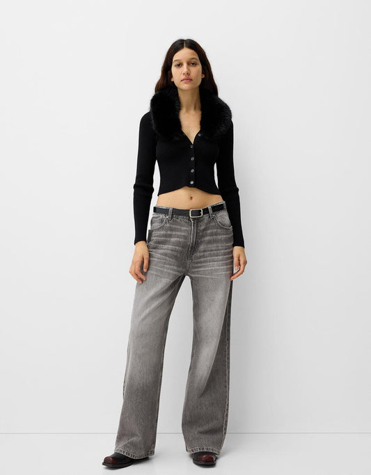 002 Bk Unisex Highwaist Grey vintage wide-leg Baggy jeans
