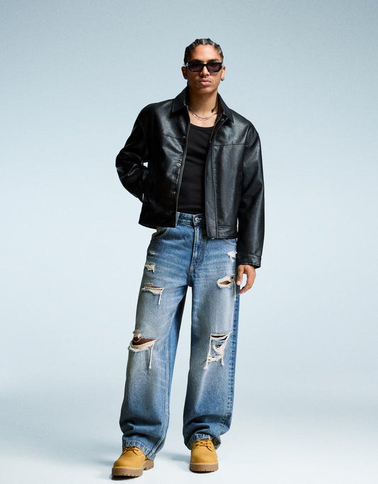 0012 BK Unisex distress baggy jeans