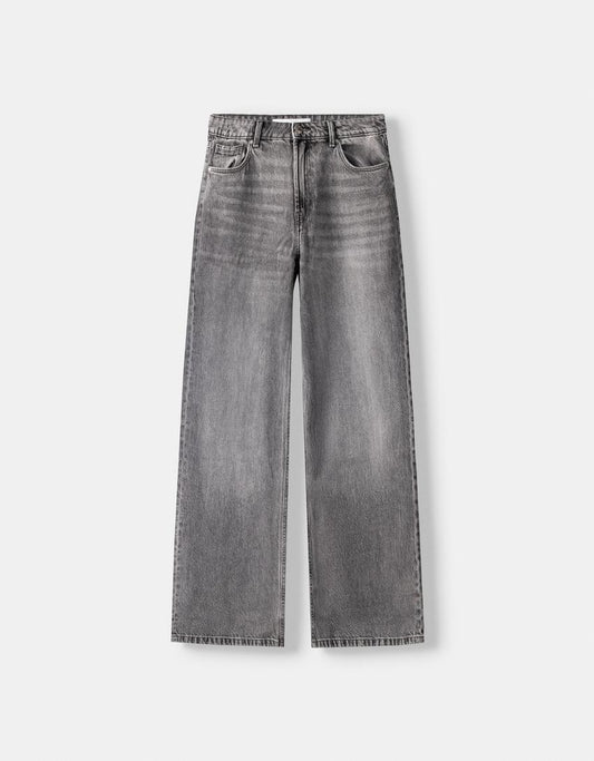 002 Bk Unisex Highwaist Grey vintage wide-leg Baggy jeans