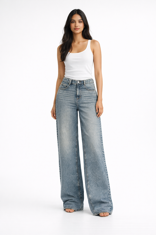 001 New High-Waist Vintage Blue Wide-Leg Jeans | Full Length