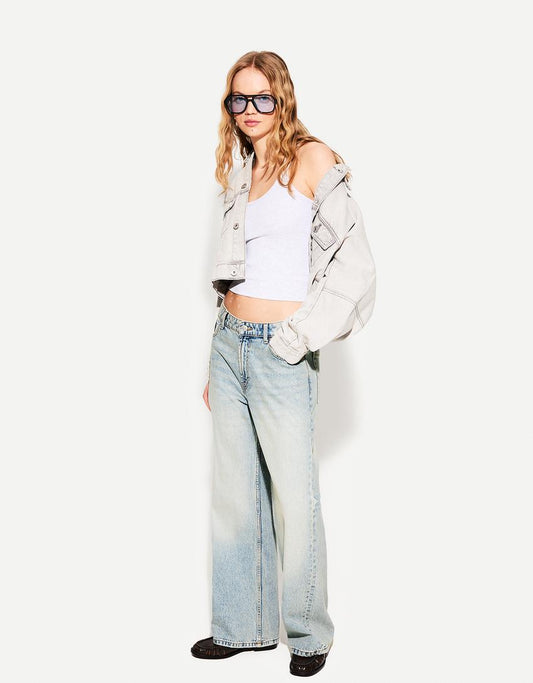 005 BK UNISEX Light wash baggy wide leg Jeans