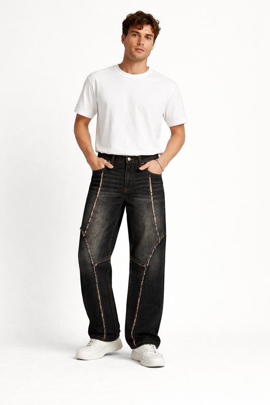 0001 Bk Unisex  Black Contrast-Stitch Straight Fit Jeans