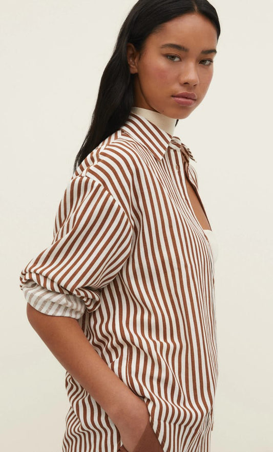 Oversize linen blend shirt brown stripe