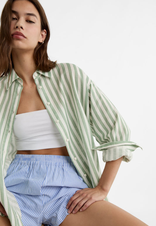 Oversize linen blend shirt Green stripe