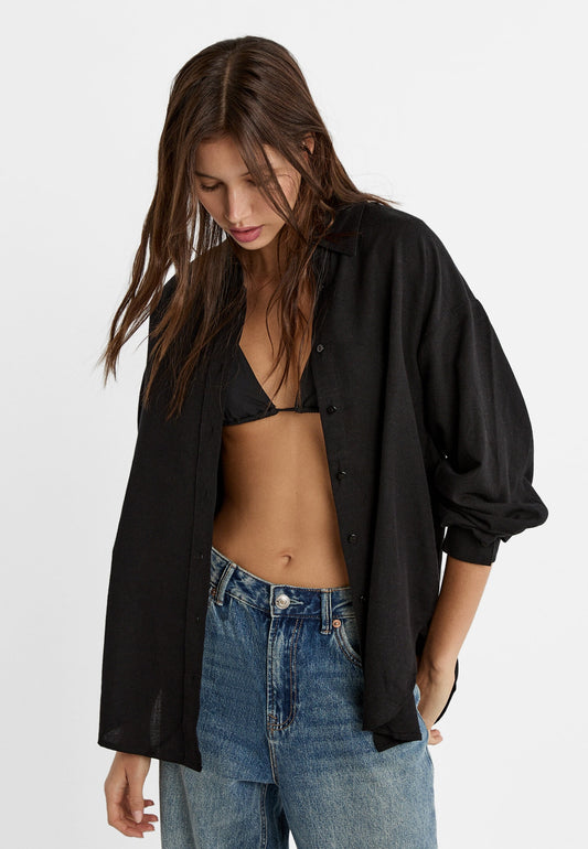 Oversize linen blend black shirt