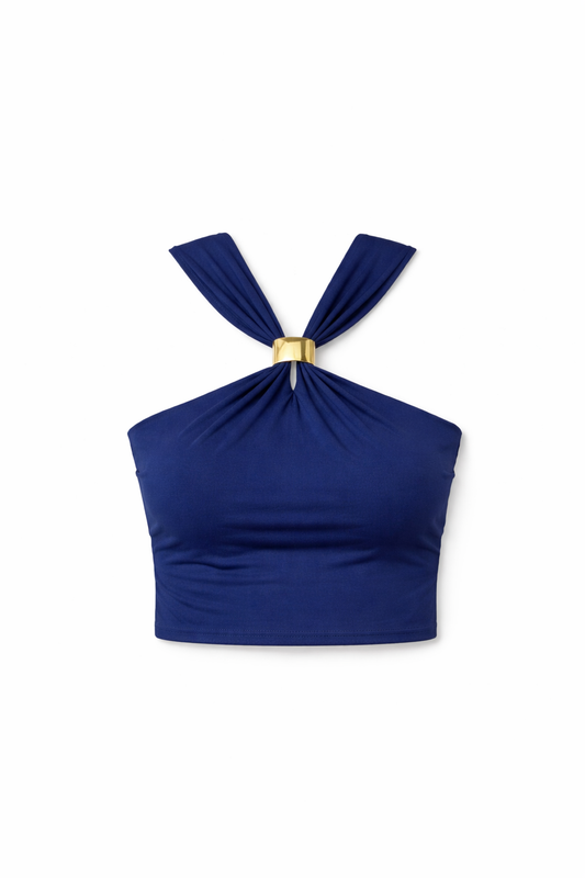 Royal Blue Luxe Ring-Detail Polyamide Halter Top