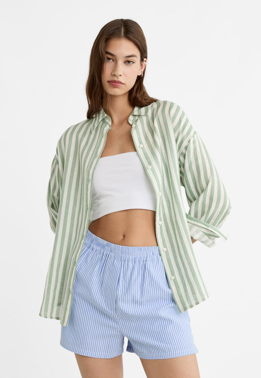 Oversize linen blend shirt Green stripe