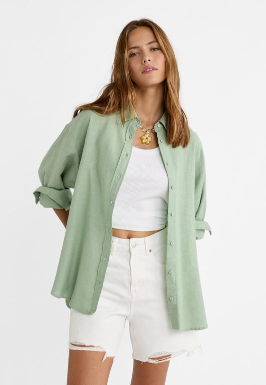 Oversize linen blend shirt green