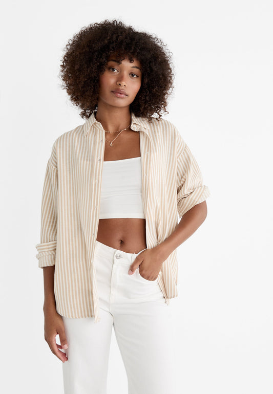 Oversize linen blend shirt beige stripe