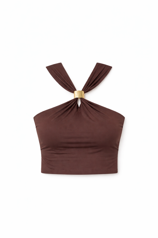 Mocha Luxe Ring-Detail Polyamide Halter Top