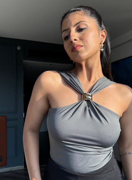 Slate Luxe Ring-Detail Polyamide Halter Top
