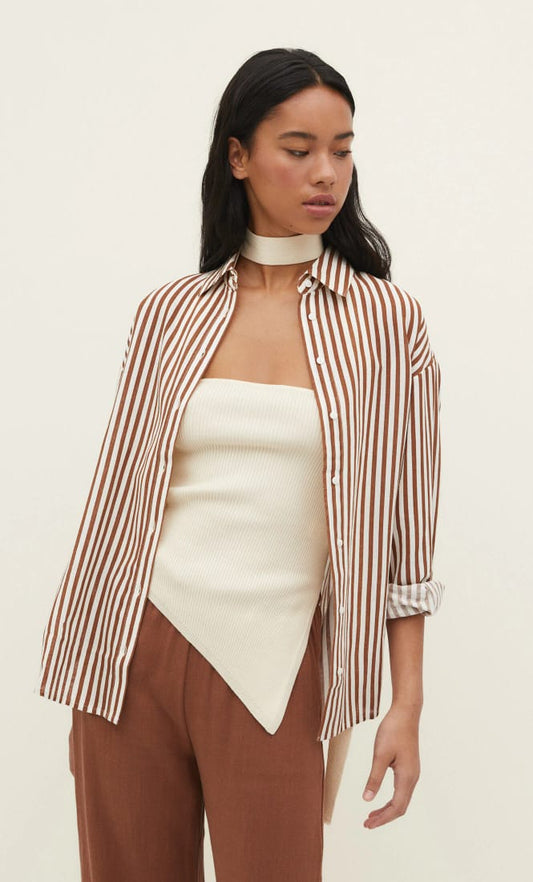 Oversize linen blend shirt brown stripe