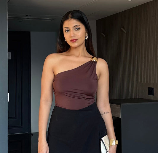 Mocha Aura One-Shoulder Polyamide Top