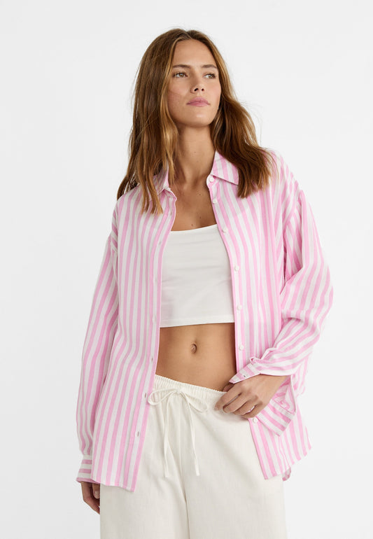 Oversize linen blend shirt pink stripe