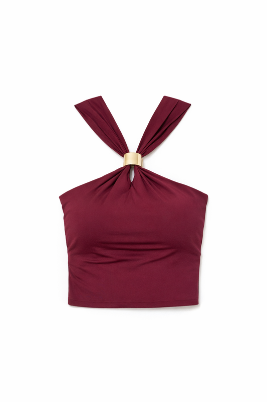 Wine Luxe Ring-Detail Polyamide Halter Top