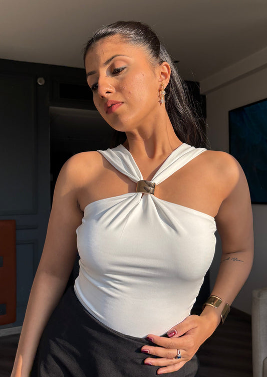 White Luxe Ring-Detail Polyamide Halter Top