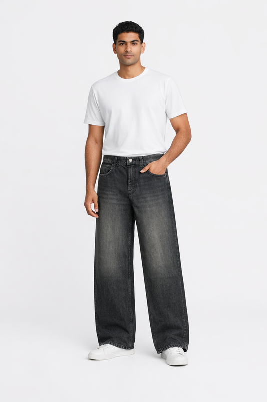 003 BK unisex premium Highwaist Black-wash wide leg baggy jeans